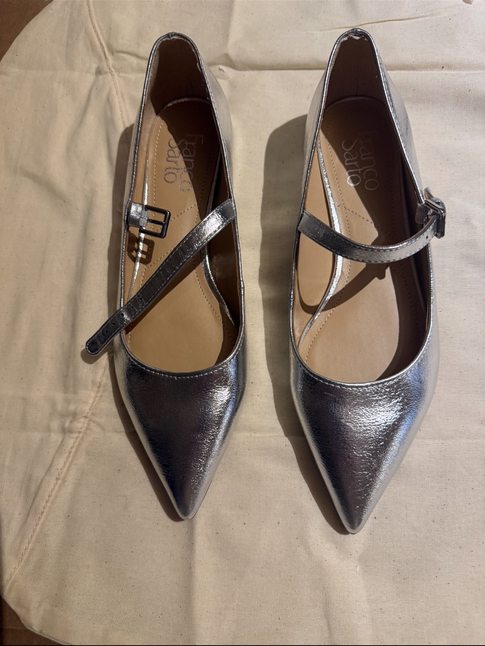 NWT Franco Sarto Silver Pointed Mary Jane Flats